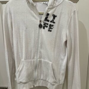 White Zip-Up Hoodie with Black Text